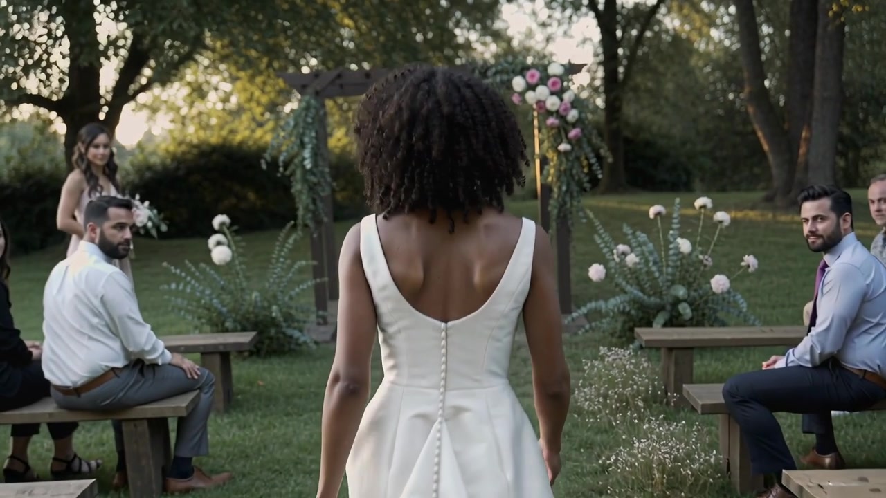 Walking bride in wedding dress down garden aisle to floral arch, guests turning at arrival