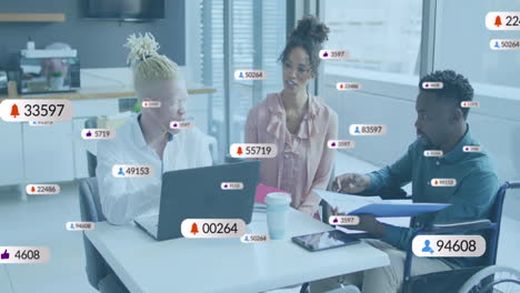 Animation-of-multiple-notification-bars-over-diverse-coworkers-discussing-reports-in-office