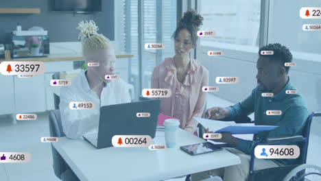 animation of multiple notification bars over diverse coworkers discussing reports in office