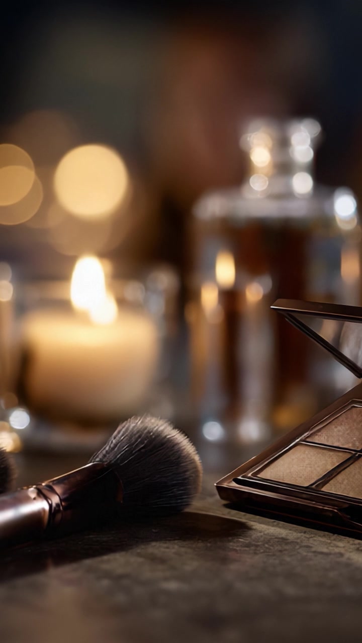 Elegant Makeup Arrangement Featuring a Palette, Brush, Candle, and Bottled Fragrance in a Softly Lit Environment with Blurred Background for a Glamorous Atmosphere