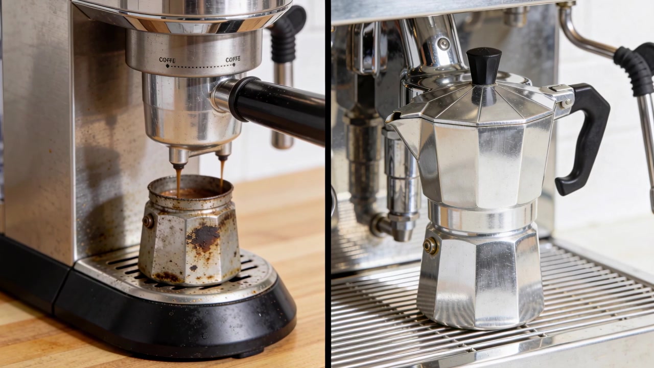 Gruppo che attiva una macchina che estrae il caffè in una moka usurata sul bancone della cucina, mentre una caffettiera pulita è ferma.