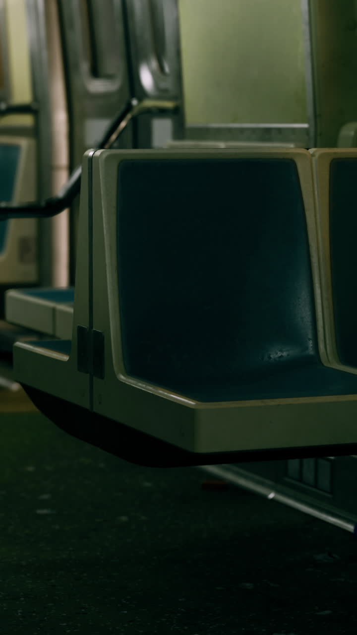 Empty subway train interior with retro seating and dim lighting at night