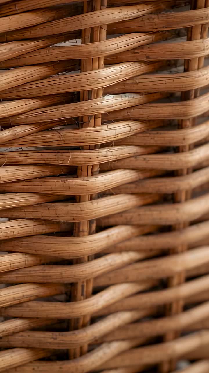 Vertical video: Shifting camera revealing wicker panel in room closeup, showing fibers and debris