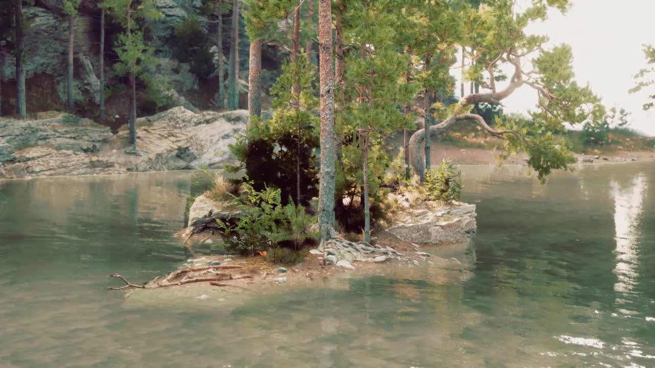 спокойный озерный остров в пышном лесу