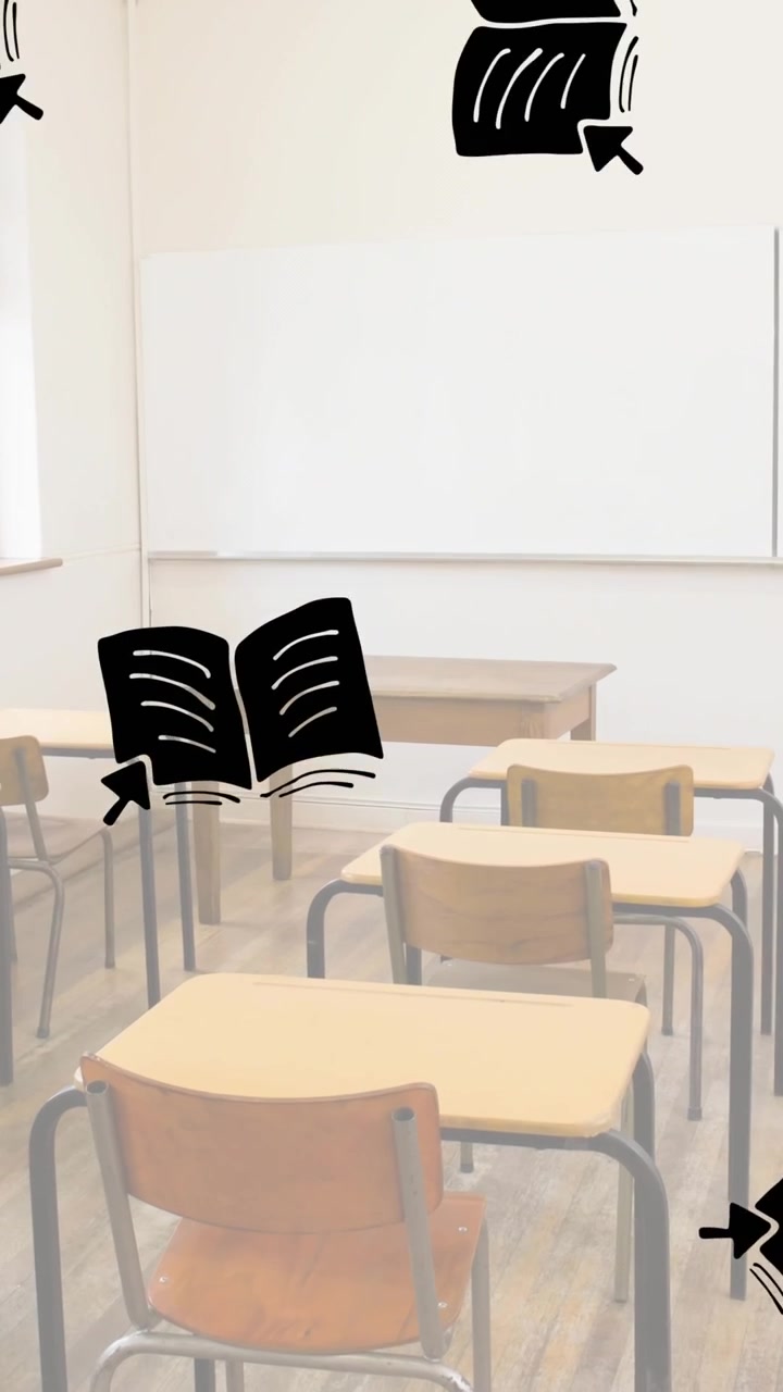 Molteplici icone di libri che cadono su una veduta di un'aula vuota a scuola.
