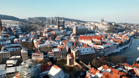 bamberg old town cityscape drone video with dome old townhall and new residenz