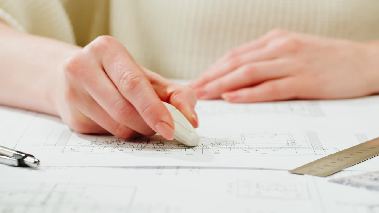 Person's hand erasing on a blueprint or technical drawing