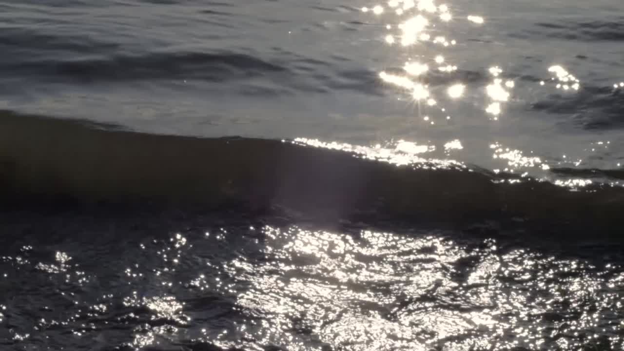 태양의 별들과 함께 짙은 푸른 파도가 해안에 부딪친다