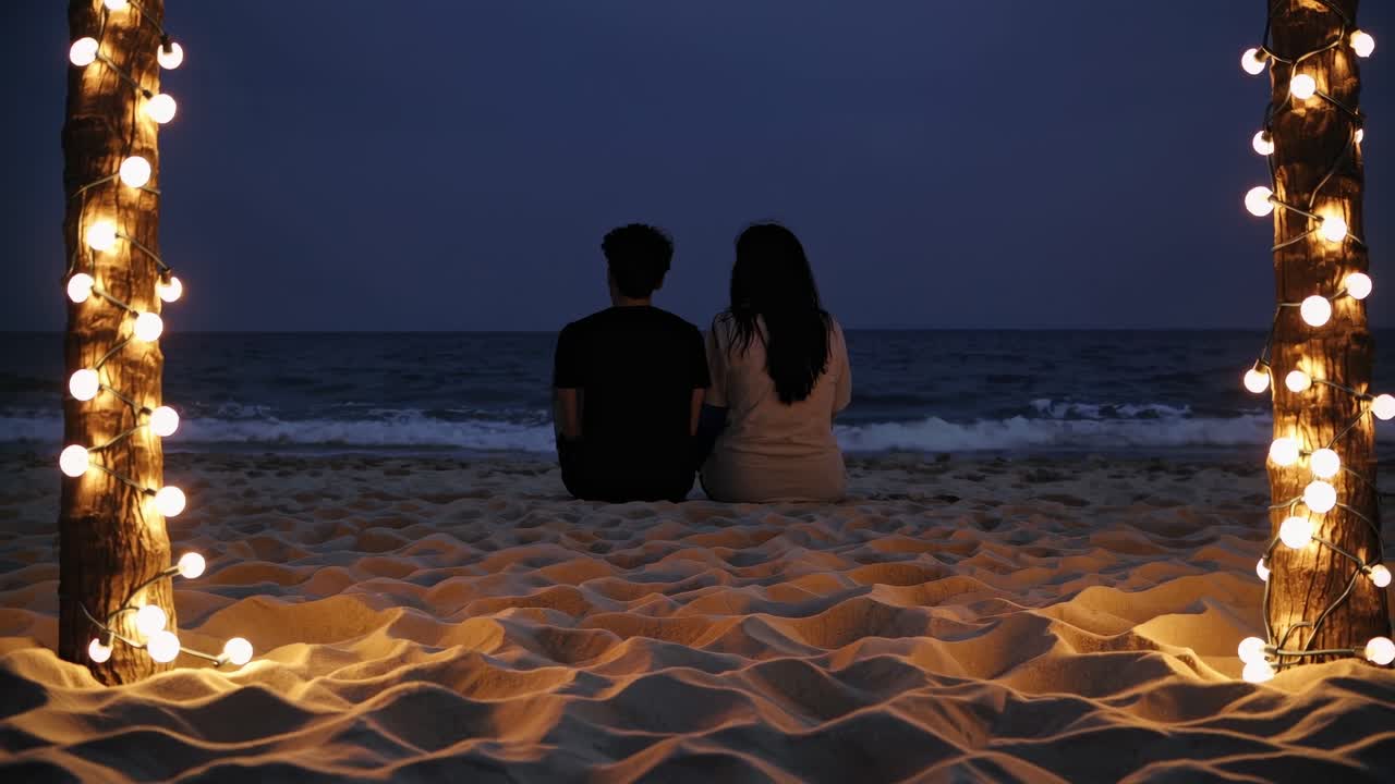 Couple sitting together on a sandy beach at night, enjoying the soothing sound of ocean waves while surrounded by romantic string lights, creating a serene and intimate atmosphere