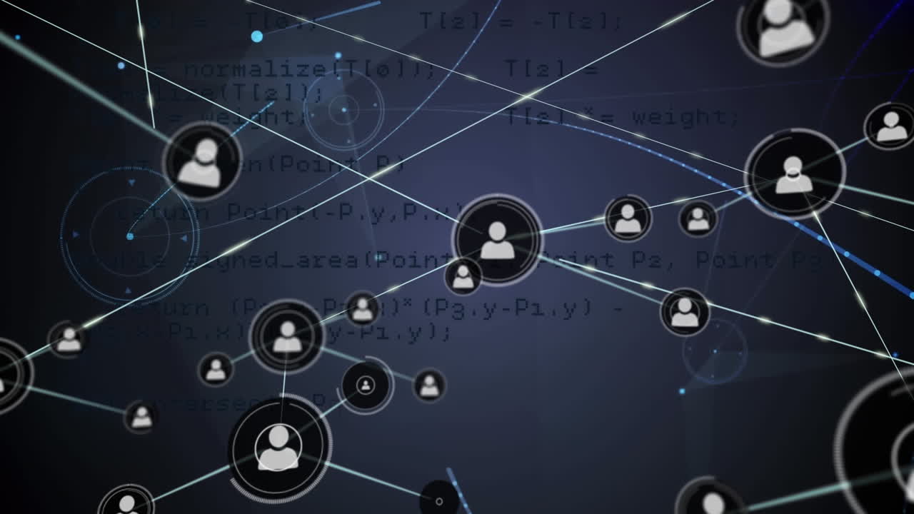 Animation of data and network of connections with icons over dark background