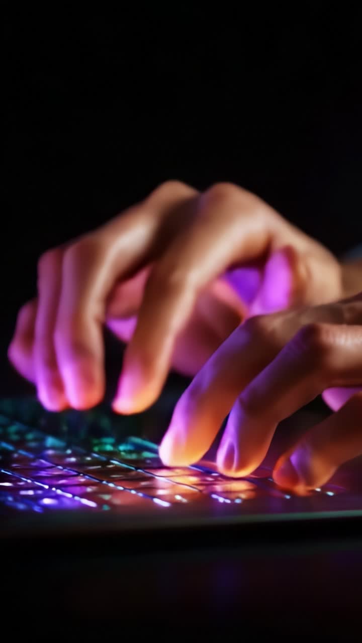 Tastiera illuminata e vivace: primo piano di mani che digitano su un laptop con retroilluminazione multicolore, creando un ambiente di lavoro dinamico e coinvolgente