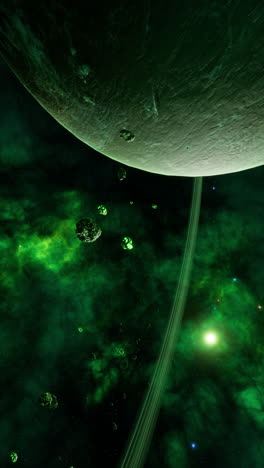 a green planet with rings in space