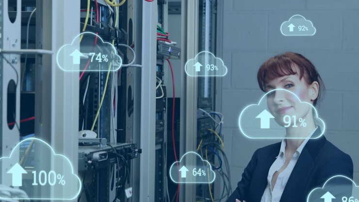 Animation of cloud icons with growing numbers over caucasian woman in server room