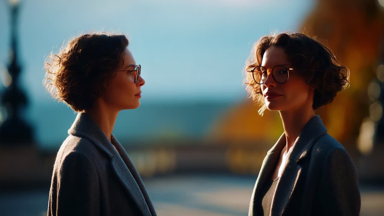 A Reflective Moment: Exploring Duality and Self-Connection Through Portraits of a Woman in Two Perspectives Against a Scenic Background