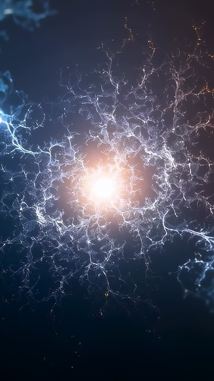 Vídeo vertical: prendiendo zarcillos y chispas de descarga del núcleo cálido a través del vacío azul marino, nebulosa azul