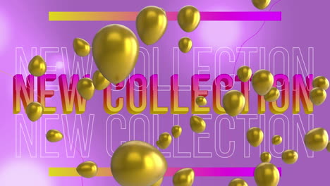 animación de globos dorados y negros sobre el texto de la nueva colección sobre un fondo abstracto