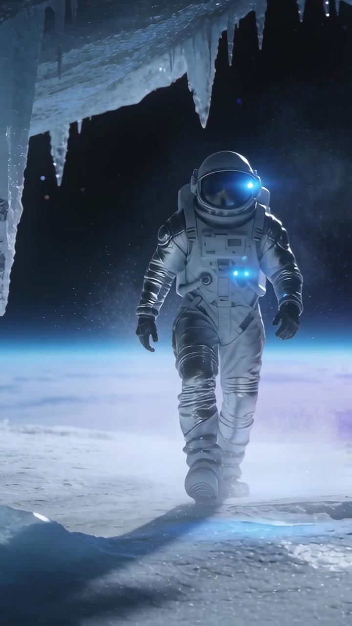 Vertical video: Helmet beam activating, suited astronaut walking cameraward across frost, scanning