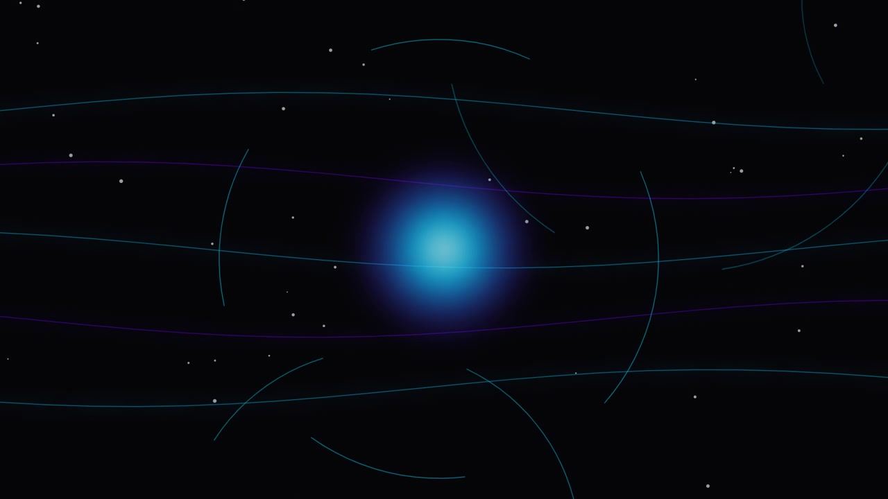 Gráfico en movimiento abstracto de un núcleo azul brillante con líneas orbitales
