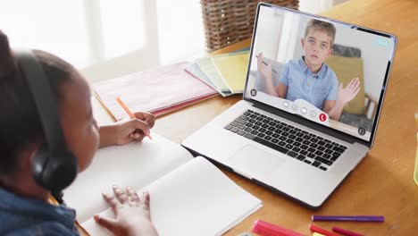 African-american-girl-using-laptop-for-video-call-with-caucasian-school-friend-on-screen