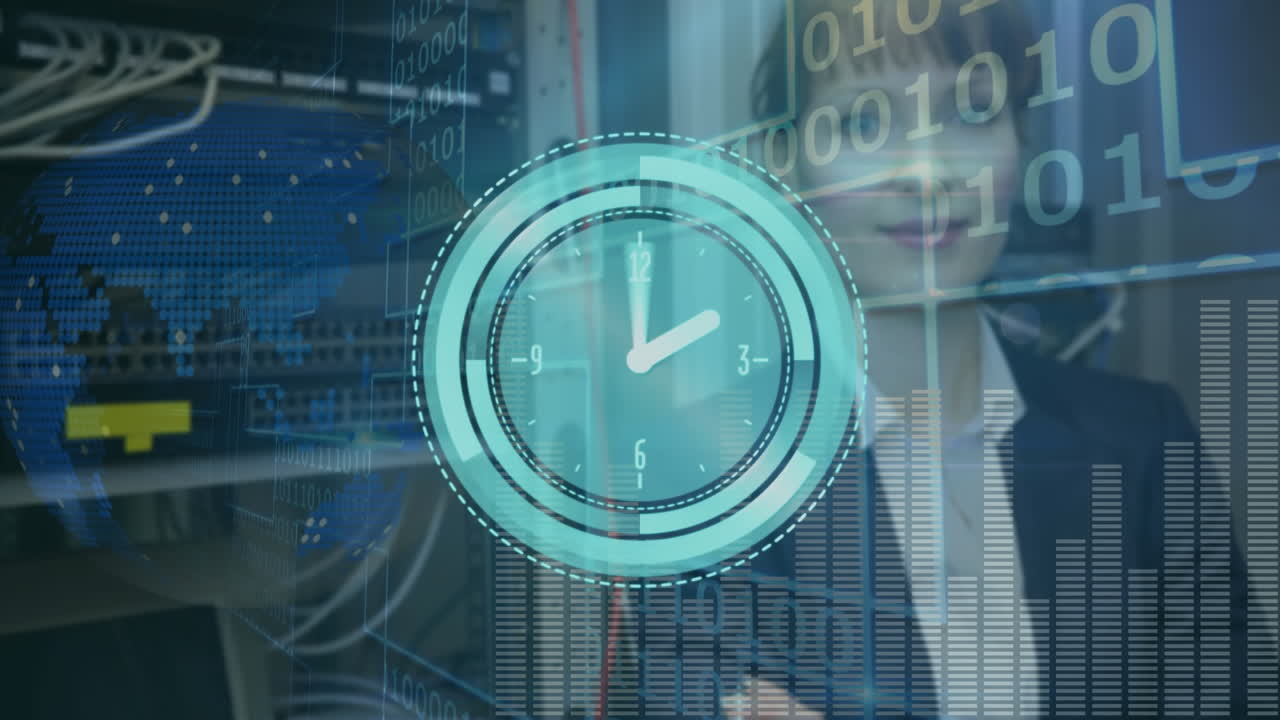 Animation of moving clock and globe over caucasian woman in server room