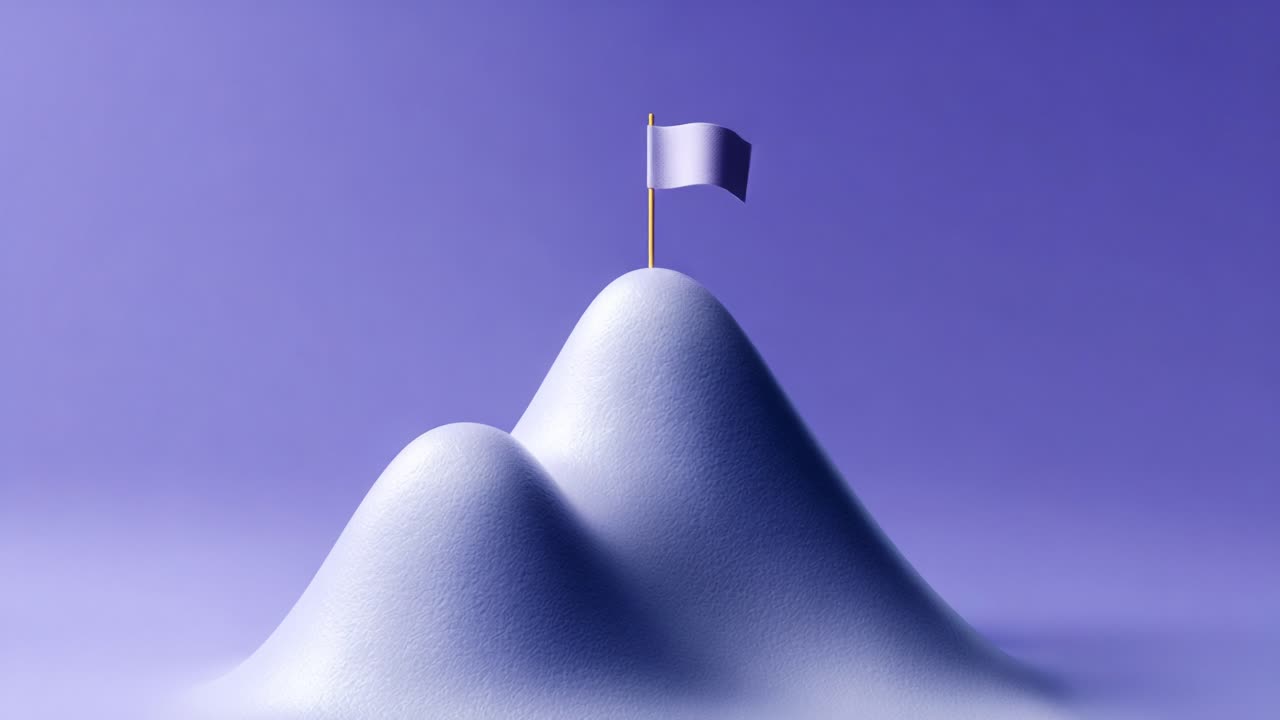 Una rappresentazione minimalista di un sereno paesaggio montano con due cime dalla forma liscia e una bandiera bianca ben visibile in cima, su uno sfondo viola rilassante