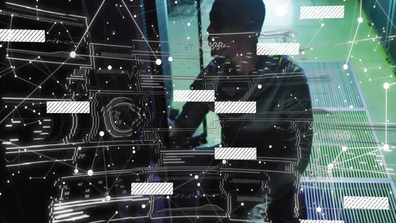 Tech engineer studying holographic nodes and bars then tapping and swiping gauge for data tuning