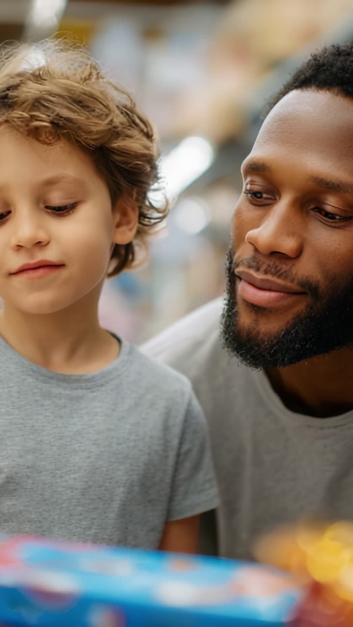 Un tenero momento tra padre e figlio in un negozio, che si godono del tempo di qualità insieme mentre scoprono regali entusiasmanti e creano ricordi indelebili