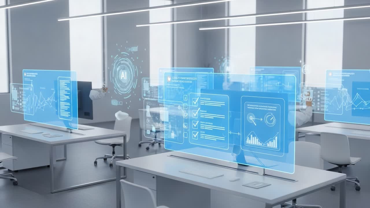 Futuristic Office Space with Advanced Technology: Transparent Screens Displaying Data Analytics and Artificial Intelligence Visualizations in a Modern Workspace