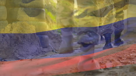 animation of flag of colombia over diverse male soldiers