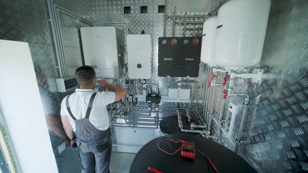 Heating Technician Inspecting Modern Boiler System in Utility Room