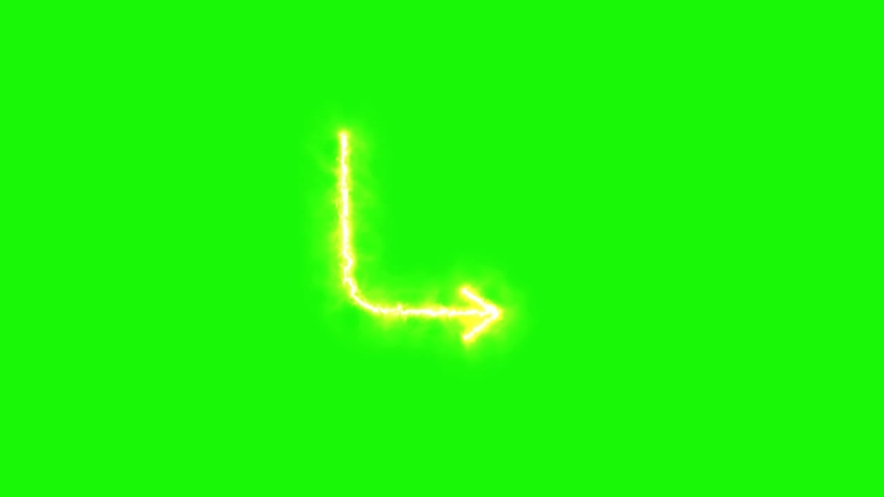 Glowing fire arrow turns right on bright green screen, smooth motion, high contrast, digital animation
