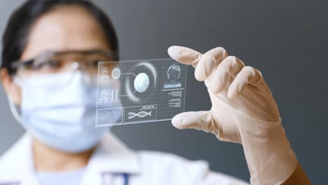 doctor in face mask interacts futuristic hud screen, dna covid vaccine researcher with smart mobile virus analysis, medical laboratory iot technology ai mobile health care digital futuristic display.