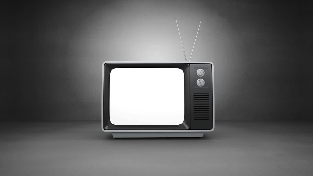 Animazione digitale di una televisione retrò che si accende su sfondo grigio