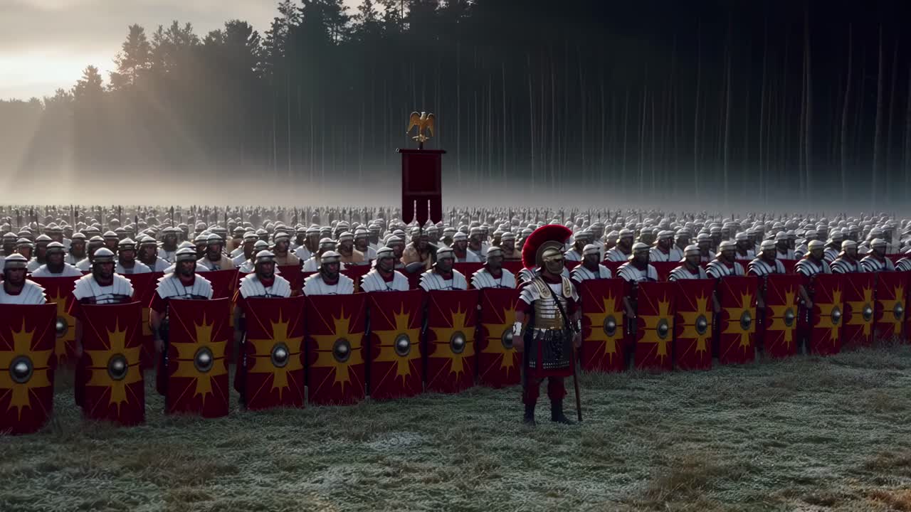 Scena video epica di soldati romani in formazione all'alba, ripresa da una bassa angolazione