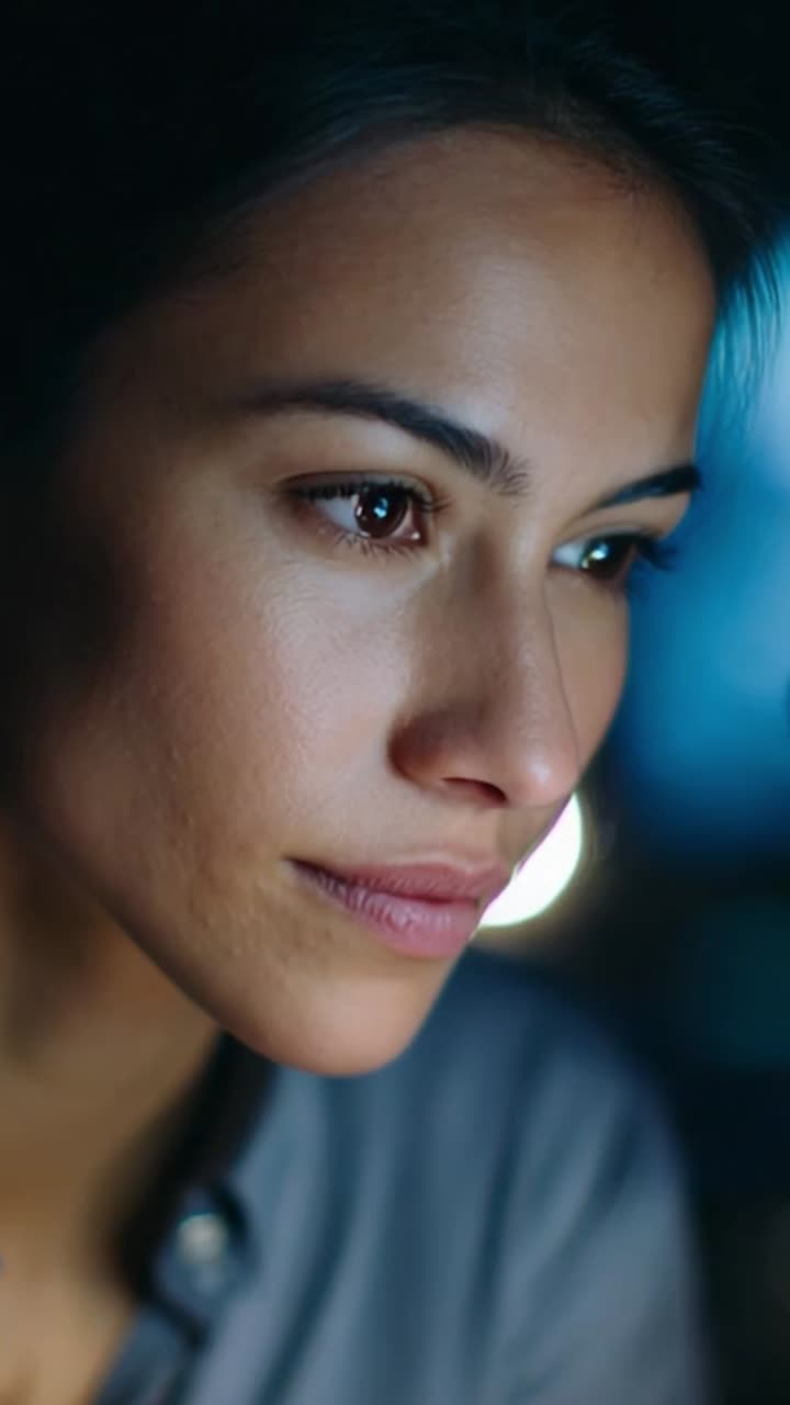 Contemplative Moment Captured in Close-Up of a Woman's Face, Highlighting Intense Expression and Emotional Depth, Exuding Quiet Strength and Confidence