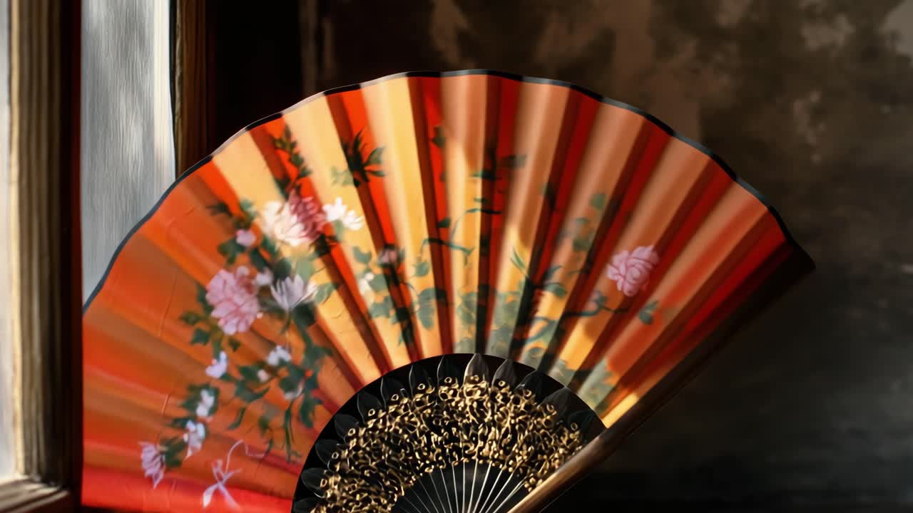 Delicate handheld fan with intricate floral decoration gradually opening near sunlit window, casting soft interplay of light and shadow across ornate surface
