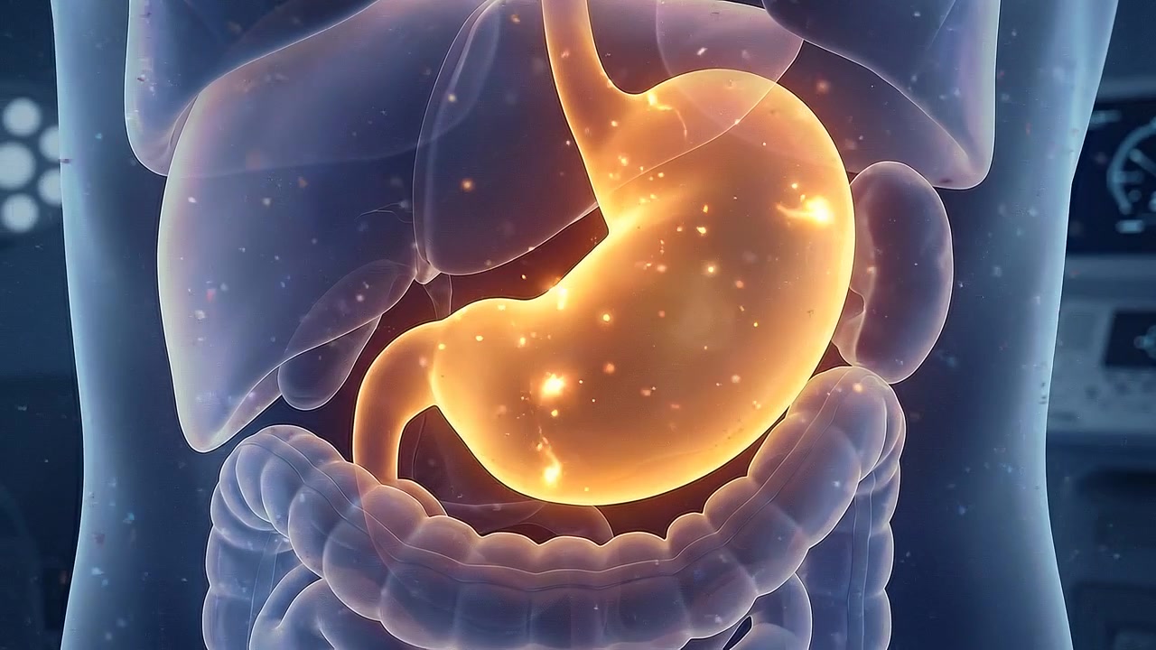 Glowing stomach highlighted inside transparent upper abdominal torso in medical view