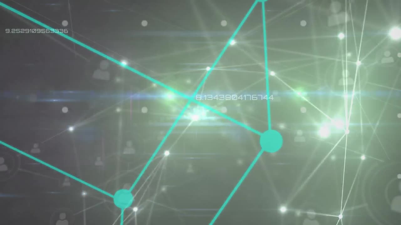 animación del procesamiento de datos, redes de conexiones y luz sobre fondo negro