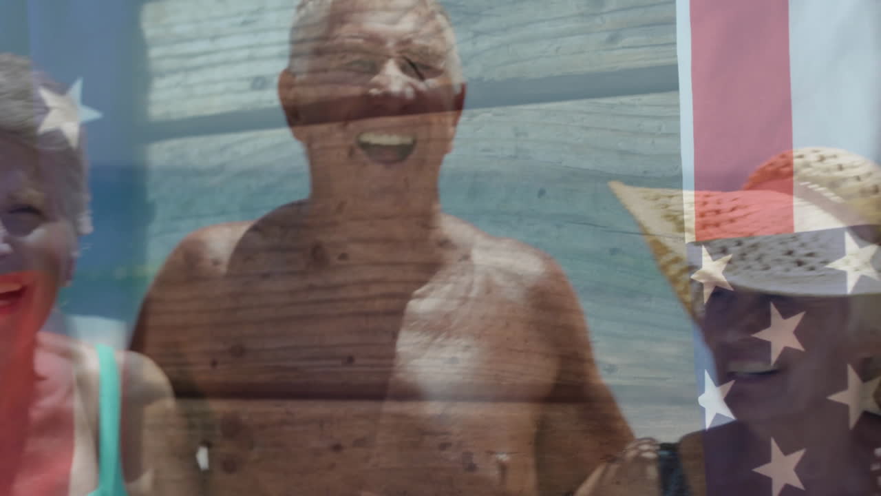 At beach, couple smiling with American flag animation overlay in background