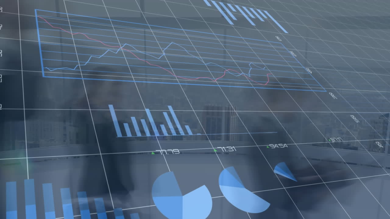 Animation of statistical data processing against time-lapse of of people walking in the office
