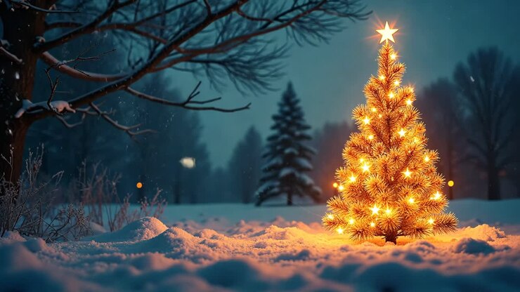 Christmas Tree in Snowy Landscape at Night