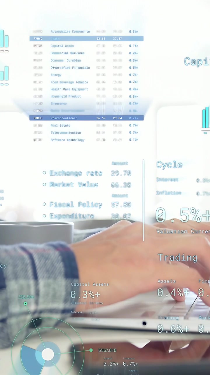 Vertical video: Man typing laptop causing finance bars, % rings, highlighted rows reviewing assets