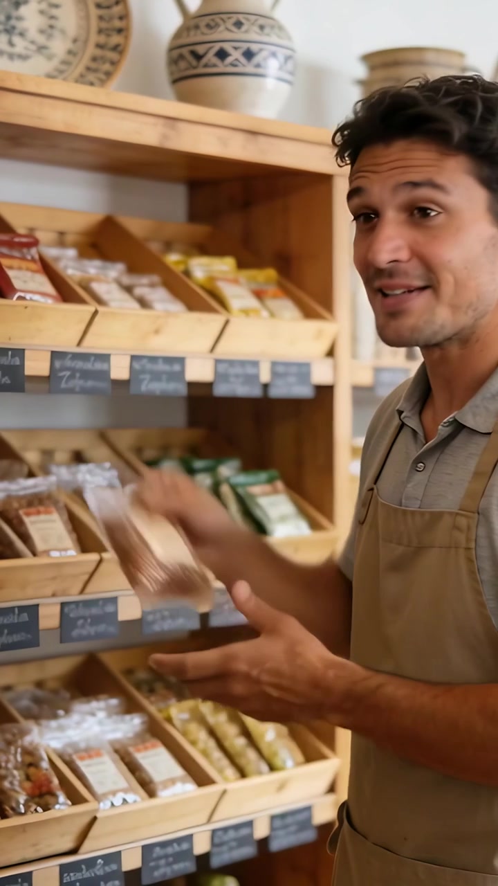 Vídeo vertical: Homem de avental entregando pacotes em loja para atender comprador estendendo a mão, espaço para texto
