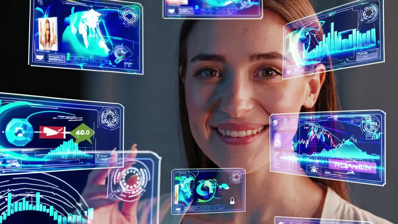 Un concetto video futuristico con una donna e schermi virtuali.
