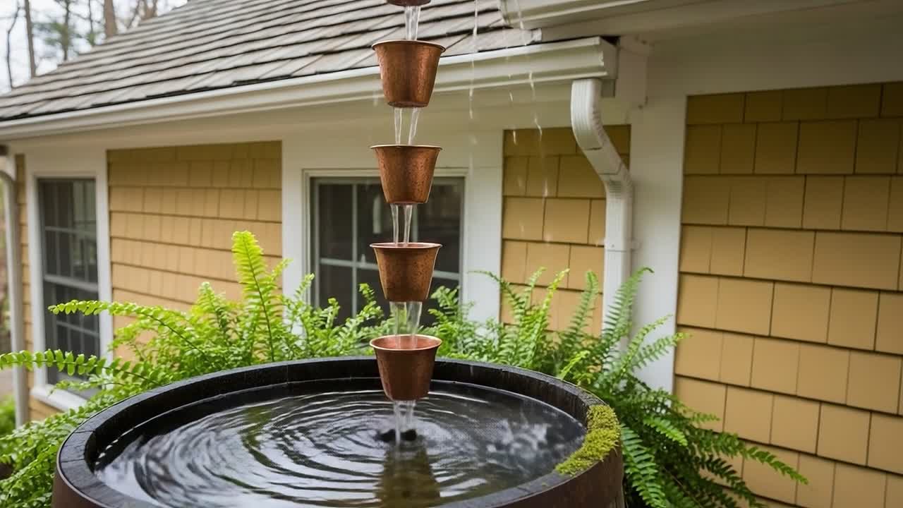 A Tranquil Water Feature with Flowing Pots Creating a Relaxing Atmosphere in a Serene Outdoor Space Surrounded by Lush Greenery and a Cozy Home Backdrop