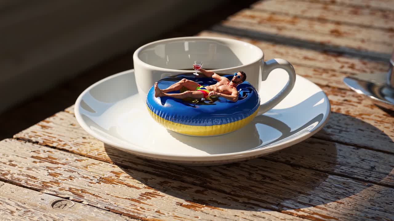 Miniature Man Sunbathing in a Coffee Cup