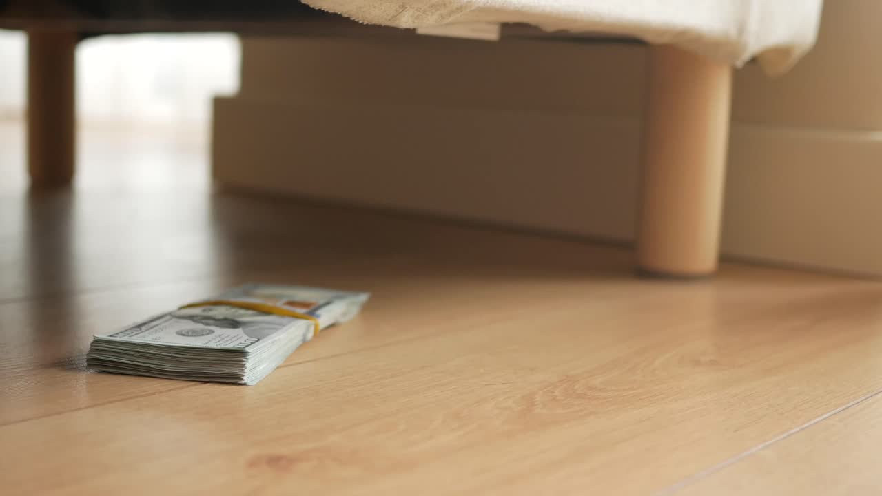Stack of Hundred Dollar Bills on Wooden Floor