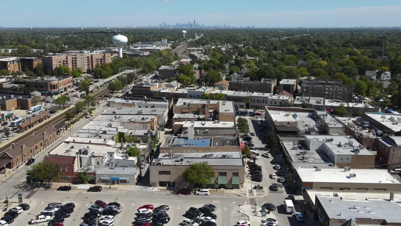 Aerial View of a Suburban Town with Chicago Skyline in the Background