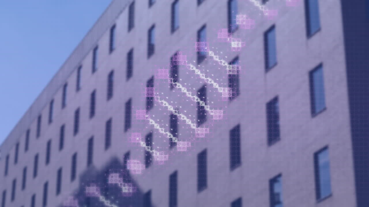 animación de un edificio azul sobre un edificio moderno y un paisaje urbano