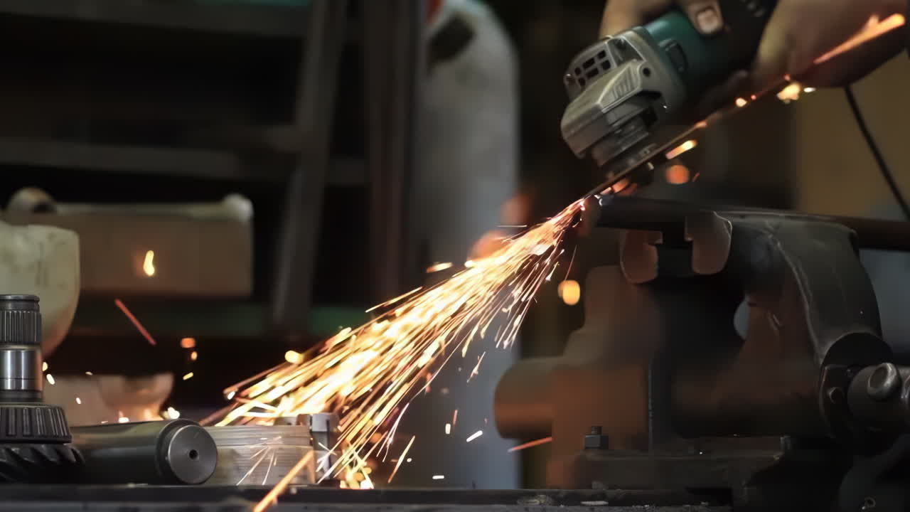 Repairman or Technician Steel factory staff worker in uniform, Welded Iron Mask at Steel welding plants with sparks flying, industrial safety first concept.